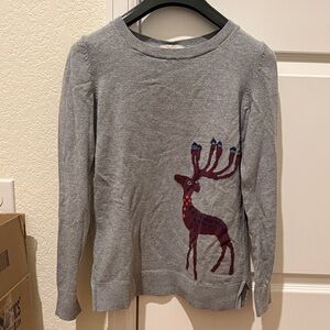 LOFT Gray Crewneck Sweater with Burgundy Reindeer Accent
